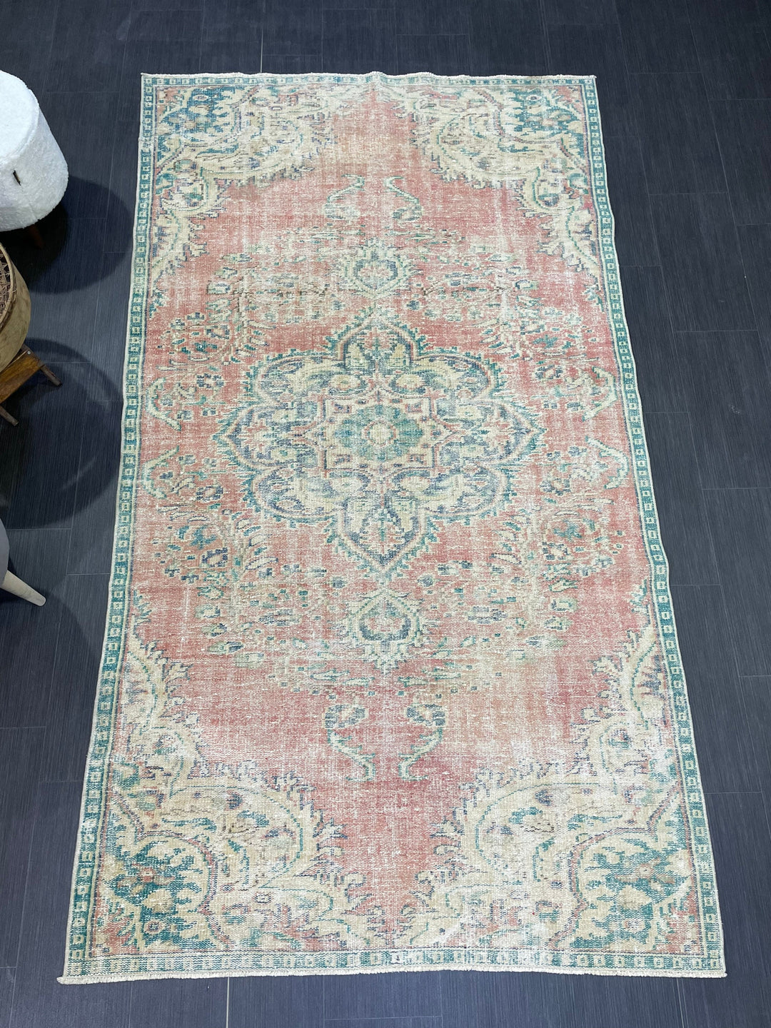 Beige Turkish Distressed Runner Rug 4' 10" x 8' 6" Hand-Knotted | No. WR72662