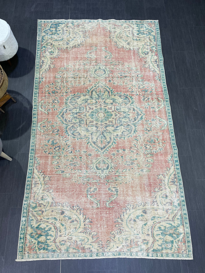 Beige Turkish Distressed Runner Rug 4' 10" x 8' 6" Hand-Knotted | No. WR72662