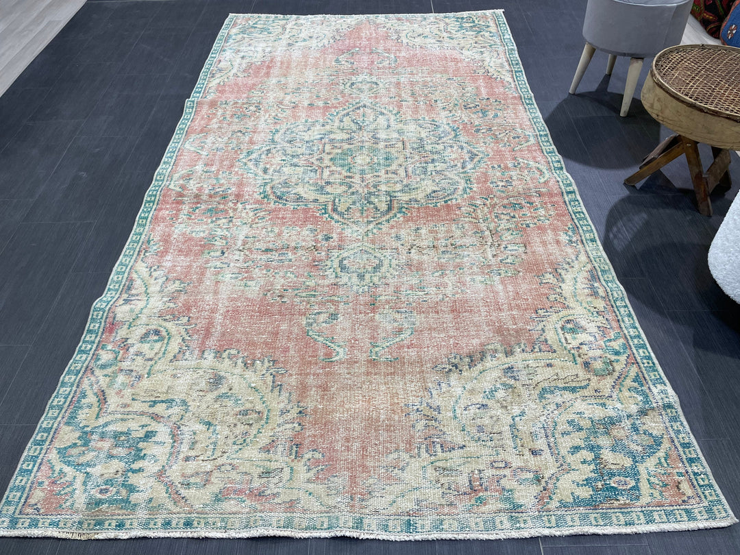 Beige Turkish Distressed Runner Rug 4' 10" x 8' 6" Hand-Knotted | No. WR72662