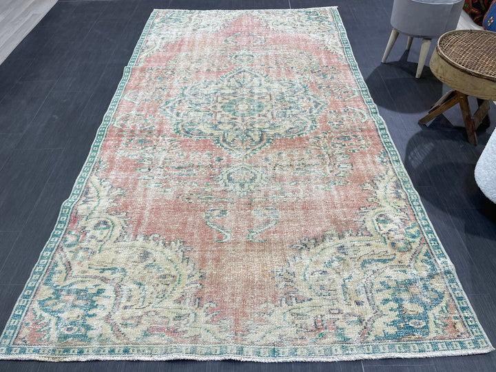 Beige Turkish Distressed Runner Rug 4' 10" x 8' 6" Hand-Knotted | No. WR72662
