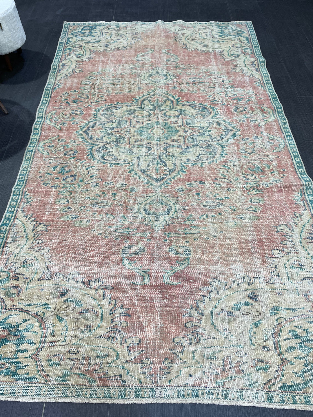 Beige Turkish Distressed Runner Rug 4' 10" x 8' 6" Hand-Knotted | No. WR72662