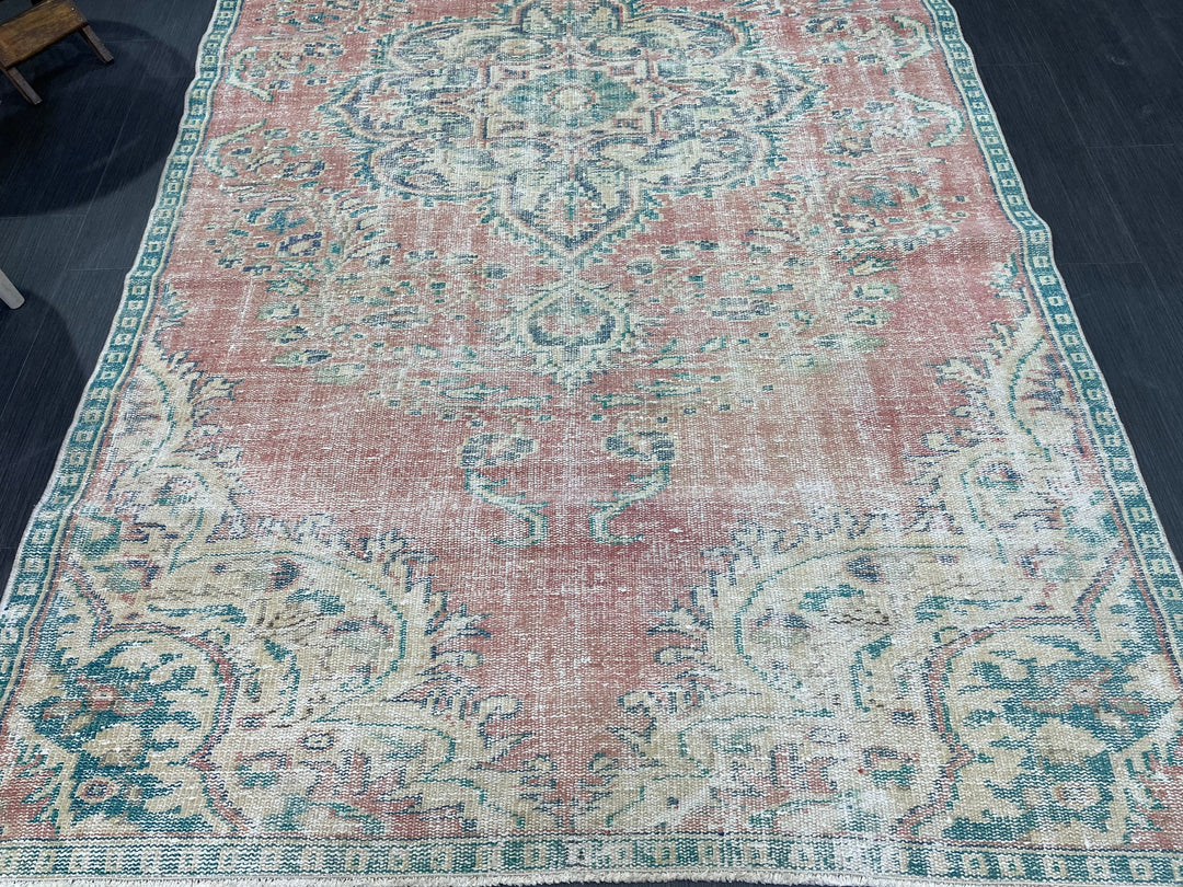 Beige Turkish Distressed Runner Rug 4' 10" x 8' 6" Hand-Knotted | No. WR72662