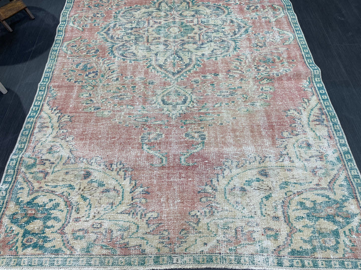 Beige Turkish Distressed Runner Rug 4' 10" x 8' 6" Hand-Knotted | No. WR72662