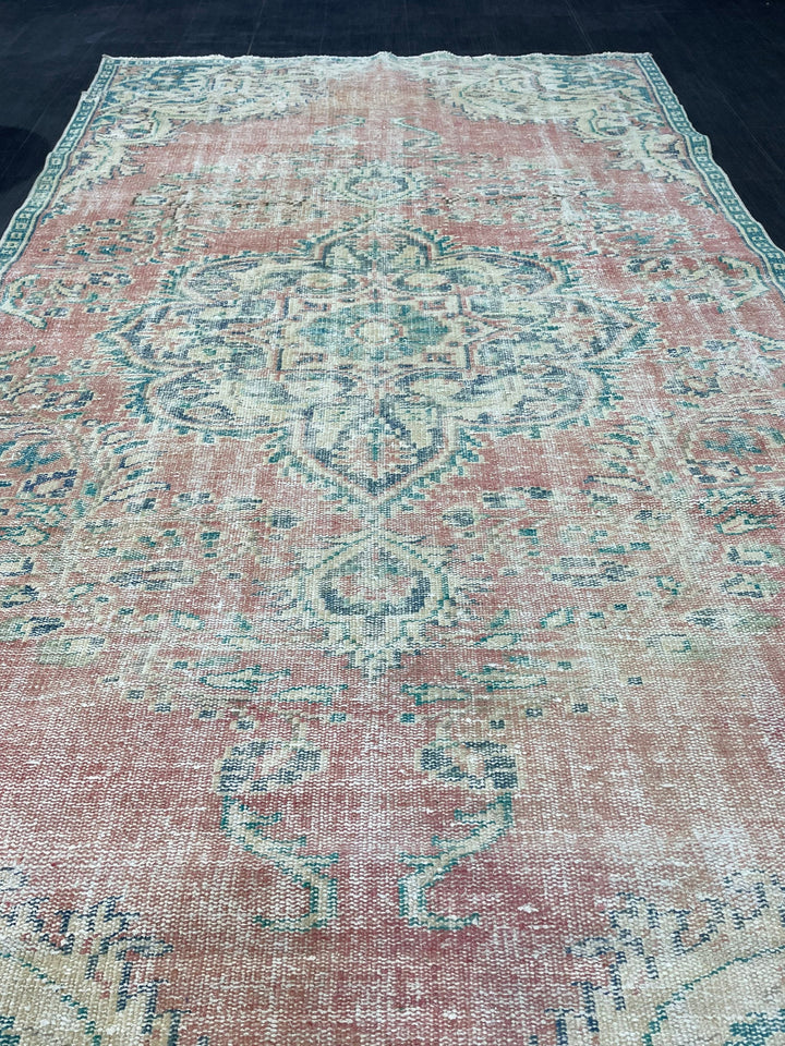 Beige Turkish Distressed Runner Rug 4' 10" x 8' 6" Hand-Knotted | No. WR72662