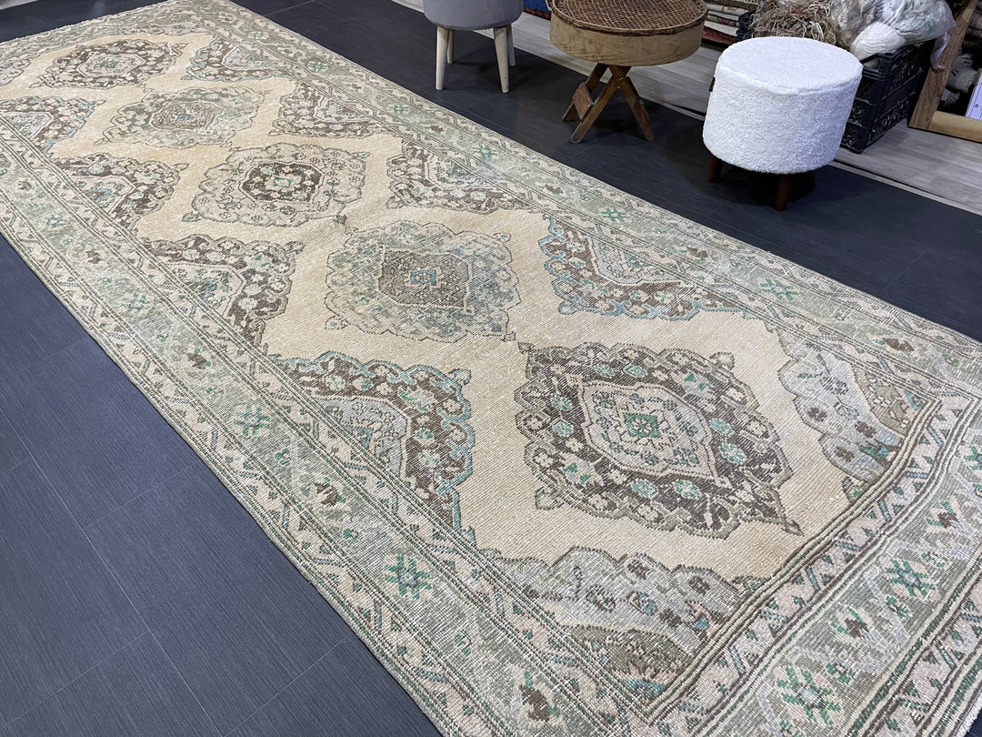 Beige Turkish Runner Rug 4' 7" x 12' 4" Hand-Knotted