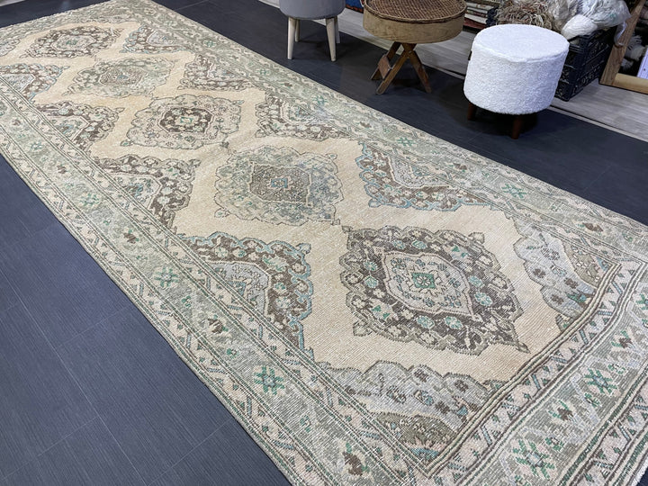 Beige Turkish Runner Rug 4' 7" x 12' 4" Hand-Knotted