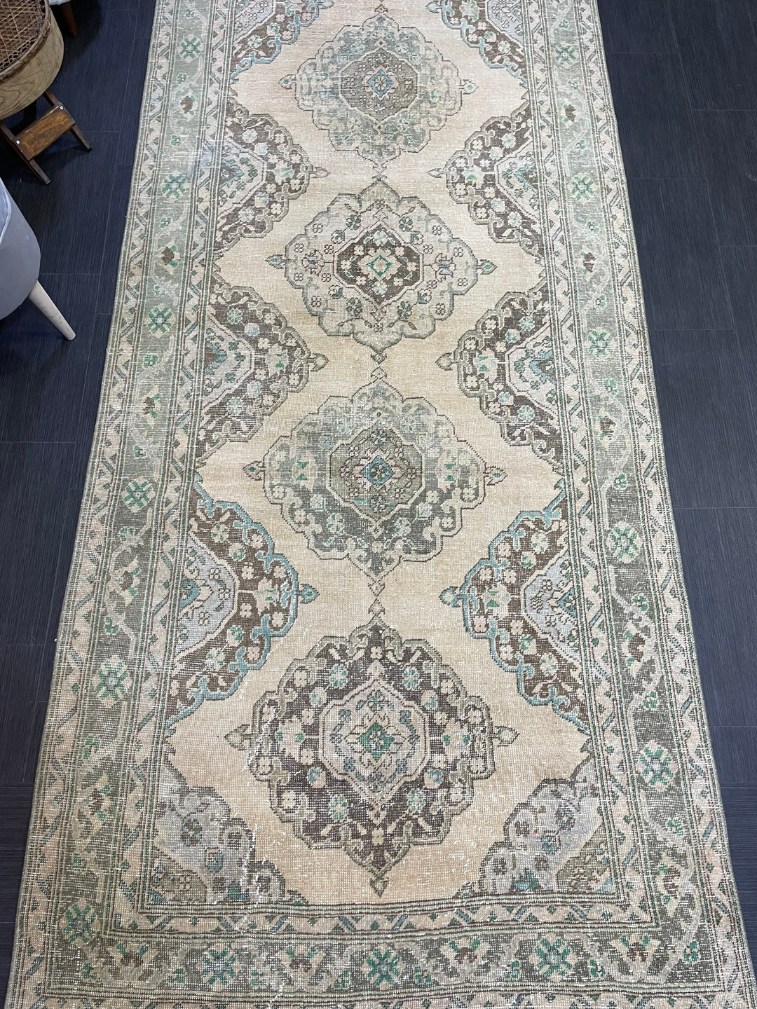 Beige Turkish Runner Rug 4' 7" x 12' 4" Hand-Knotted reverse
