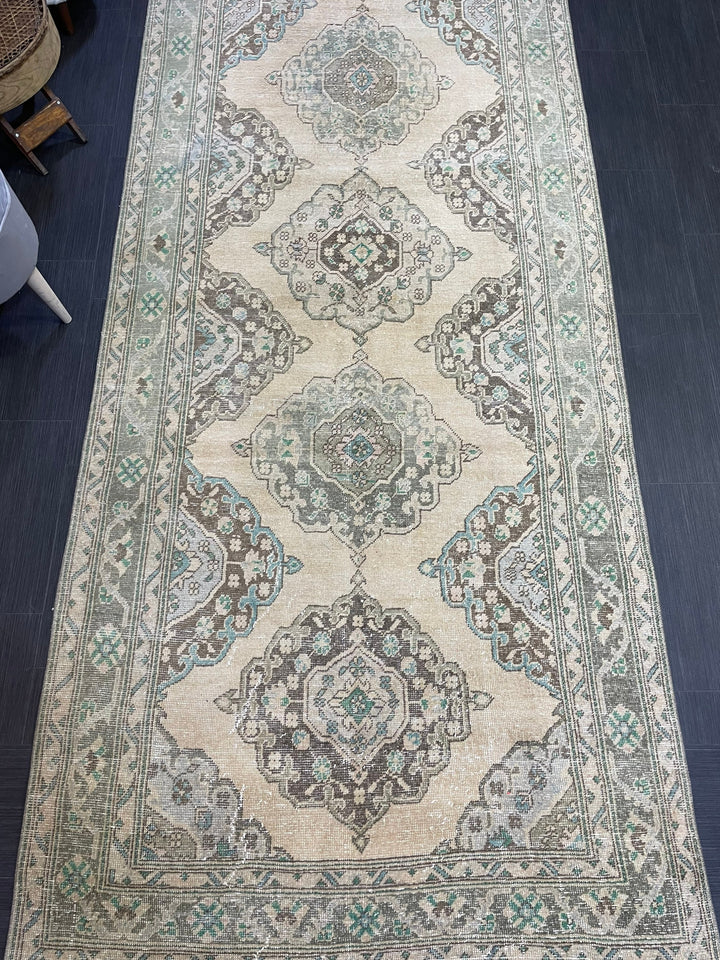 Beige Turkish Runner Rug 4' 7" x 12' 4" Hand-Knotted reverse