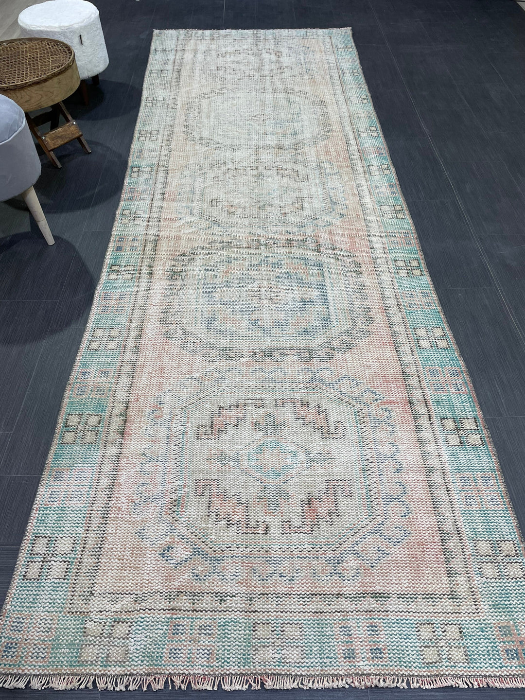 Beige Turkish Runner Rug 3' 10" x 11' 3" Hand-Knotted texture