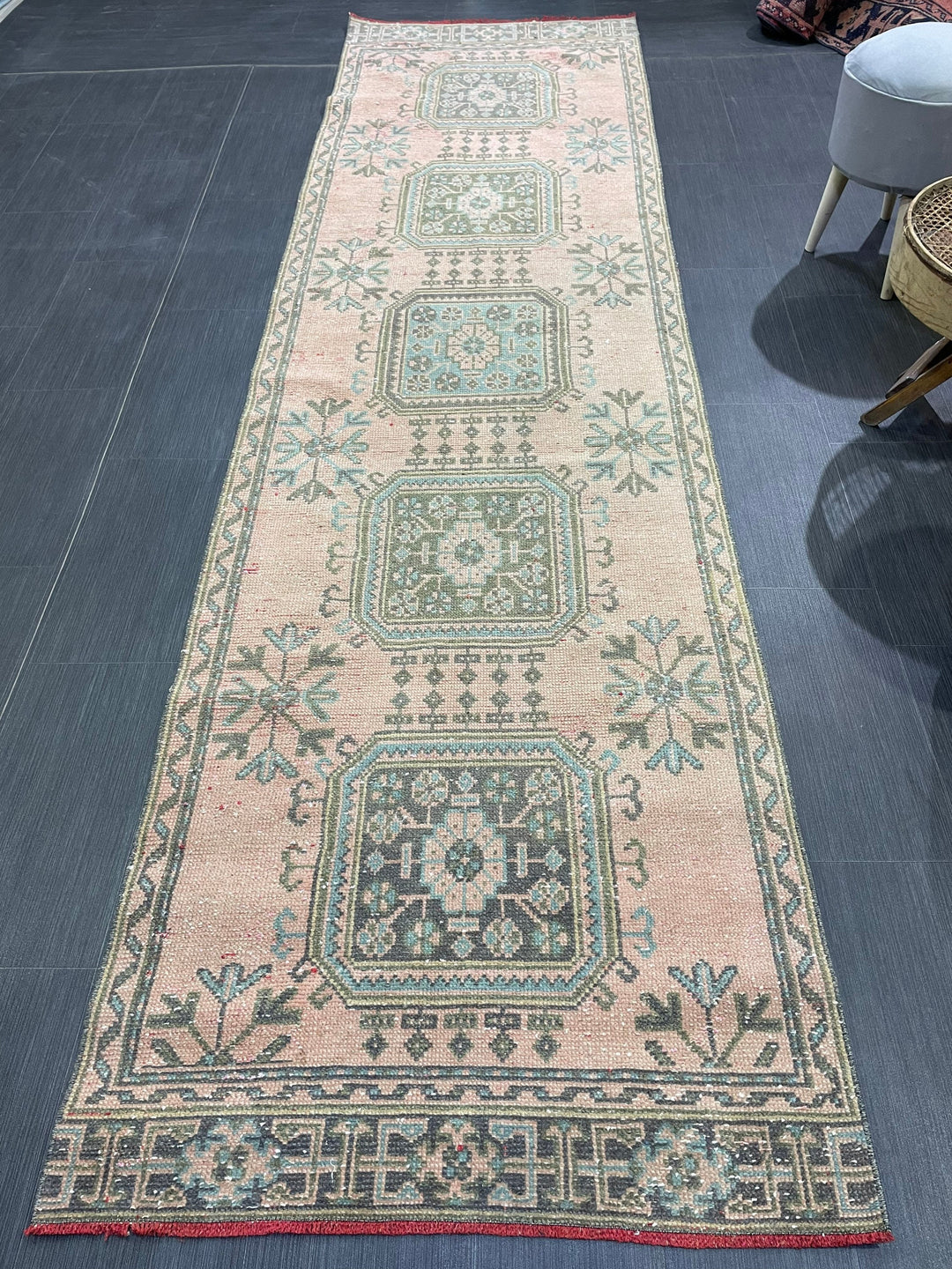 Beige Turkish Runner Rug 3' 1" x 11' 3" Hand-Knotted | No. WR36089