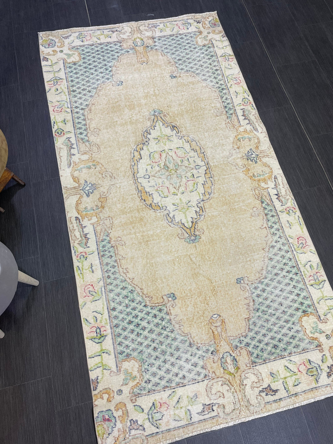 Tan Turkish Oushak Rug 3' 7" x 7' 1" Hand-Knotted close-up