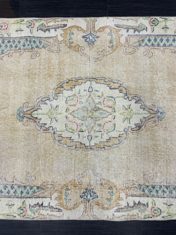 Tan Turkish Oushak Rug 3' 7" x 7' 1" Hand-Knotted texture