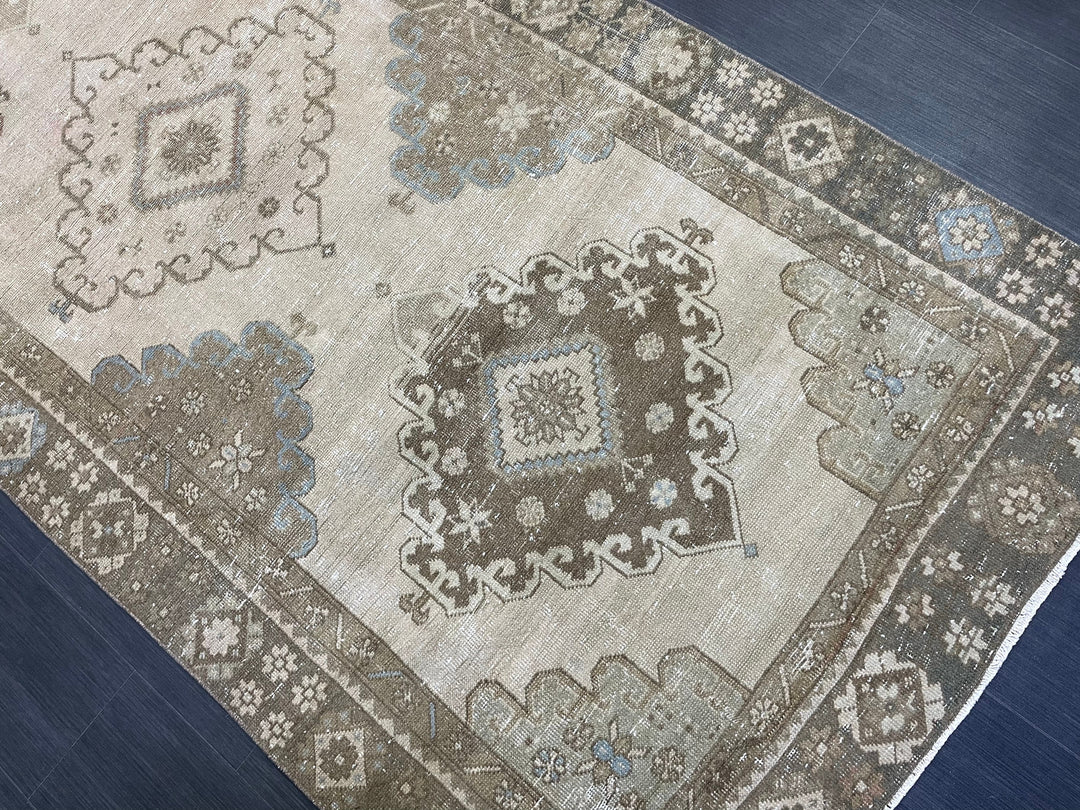 Beige Turkish Runner Rug 4' 6" x 12' 8" Hand-Knotted pattern
