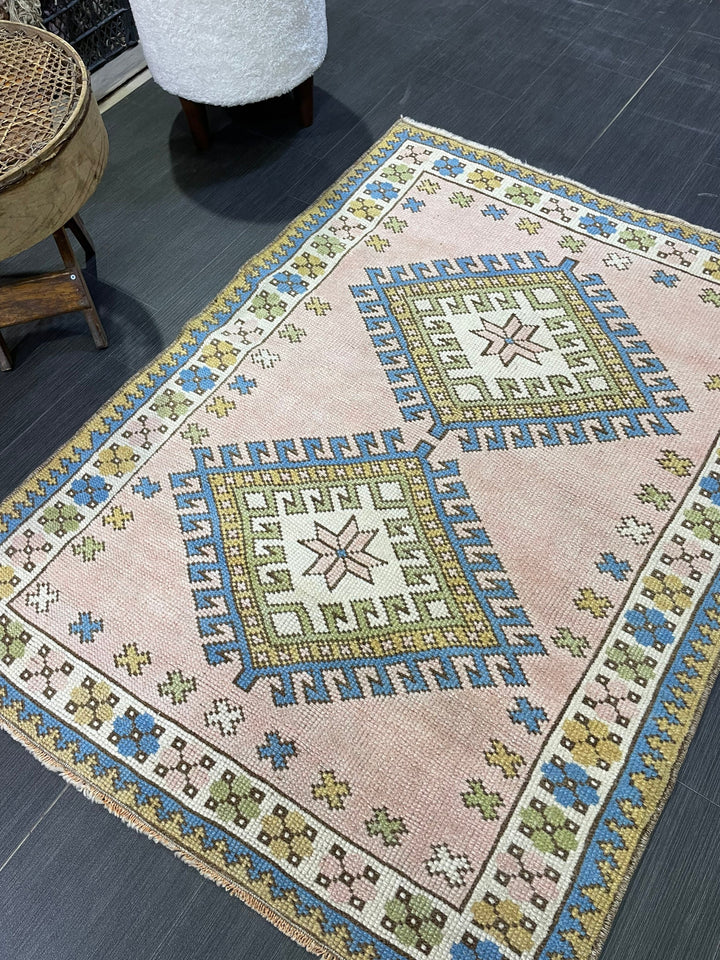 Beige Turkish Runner Rug 3' 3" x 4' 4" Hand-Knotted border