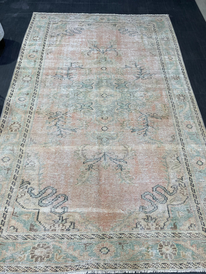 Pink Turkish Oushak Rug 5' 9" x 9' 2" Hand-Knotted border