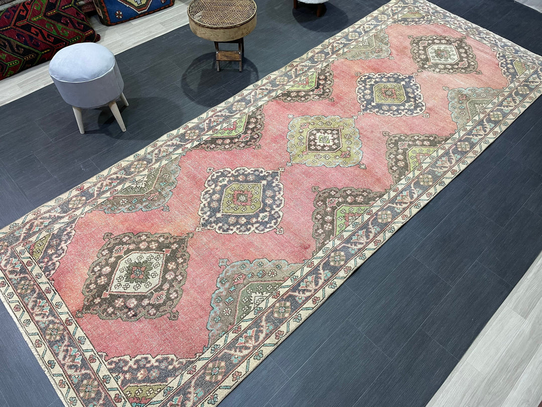 Pink Turkish Runner Rug 4' 9" x 12' 2" Hand-Knotted detail