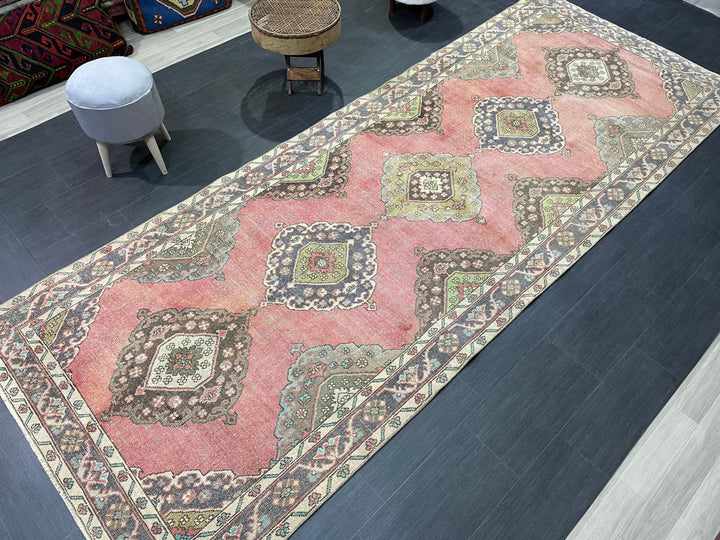 Pink Turkish Runner Rug 4' 9" x 12' 2" Hand-Knotted detail