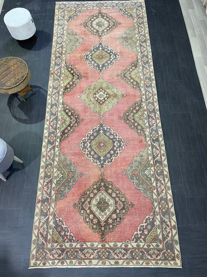 Pink Turkish Runner Rug 4' 9" x 12' 2" Hand-Knotted pattern