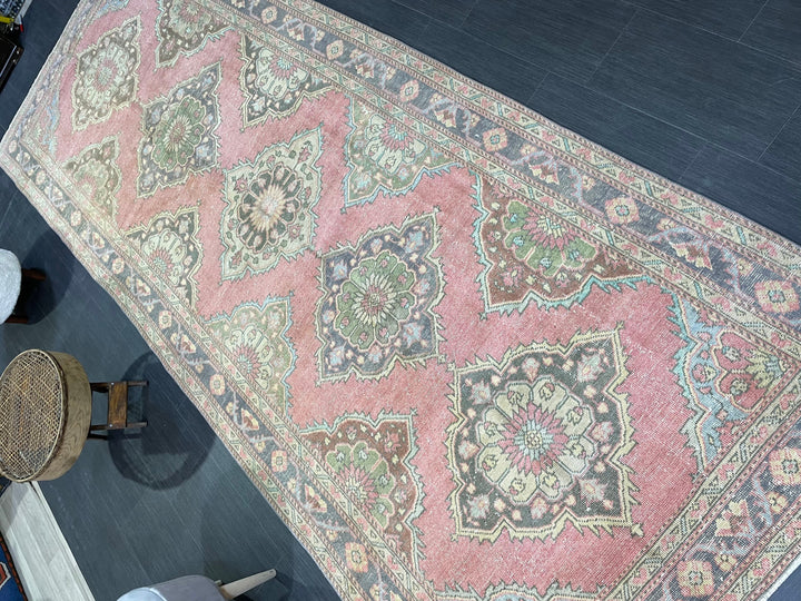 Pink Turkish Runner Rug 4' 11" x 12' 6" Hand-Knotted reverse