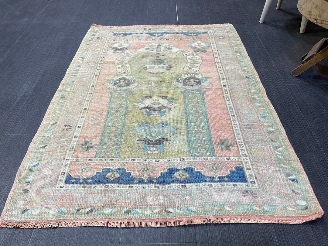 Beige Turkish Runner Rug 3' 1" x 4' 2" Hand-Knotted reverse