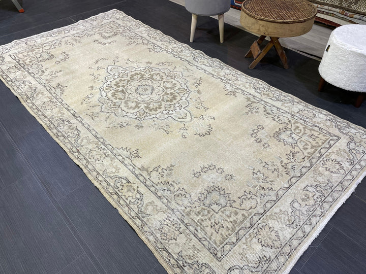 Beige Turkish Distressed Runner Rug 4' 1" x 8' 1" Hand-Knotted | No. WR95697