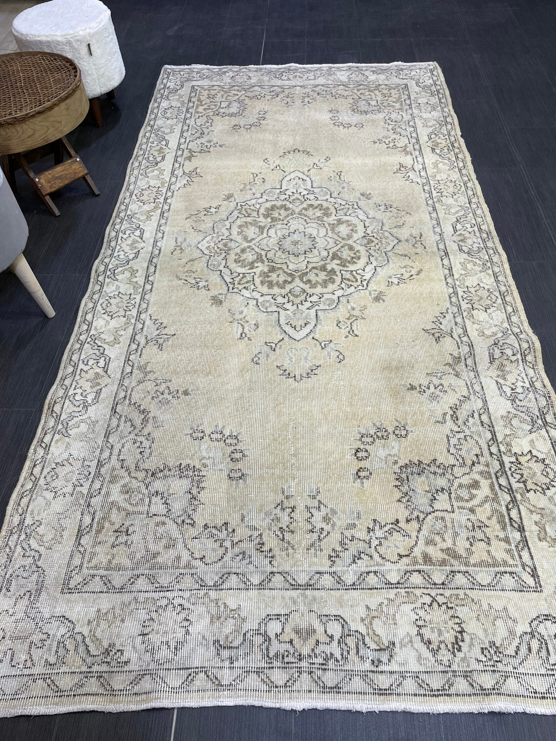 Beige Turkish Distressed Runner Rug 4' 1" x 8' 1" Hand-Knotted | No. WR95697