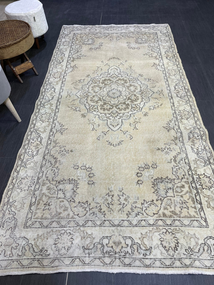 Beige Turkish Distressed Runner Rug 4' 1" x 8' 1" Hand-Knotted | No. WR95697