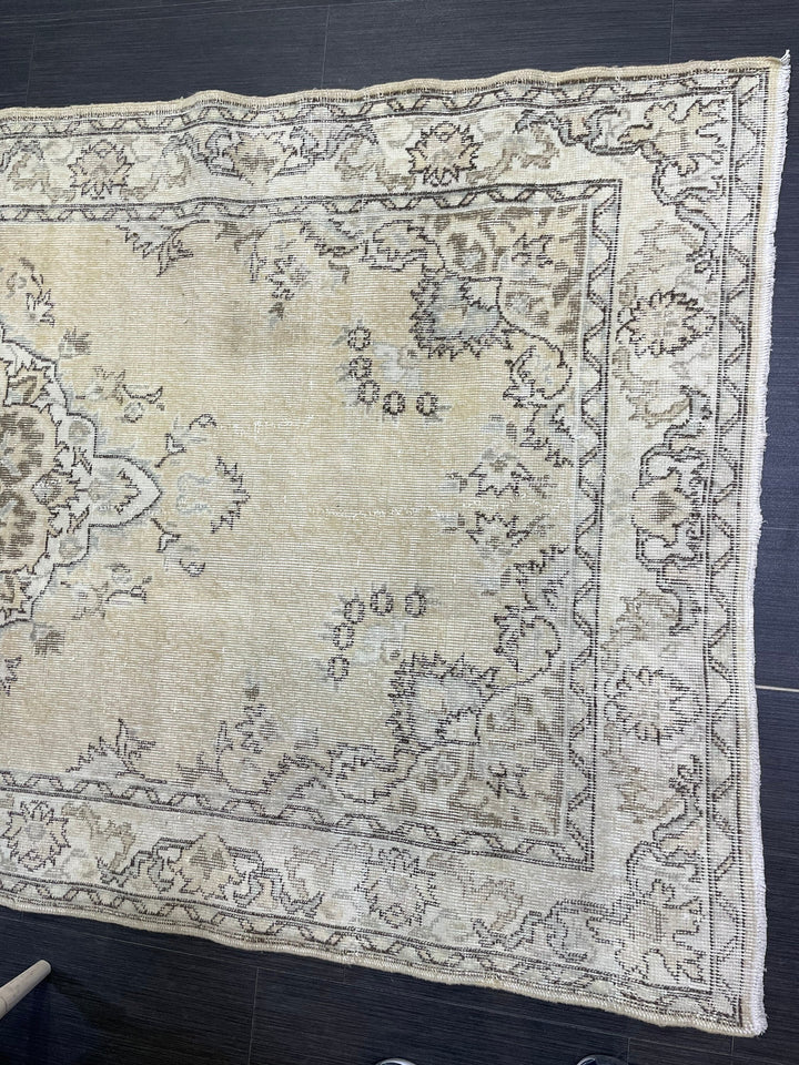 Beige Turkish Distressed Runner Rug 4' 1" x 8' 1" Hand-Knotted | No. WR95697
