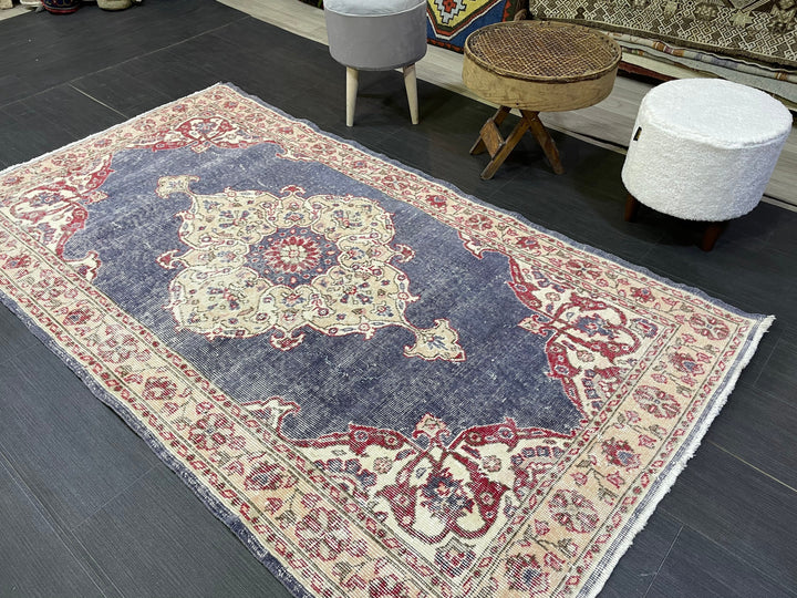 Beige Turkish Distressed Runner Rug 3' 11" x 6' 11" Hand-Knotted | No. WR34033