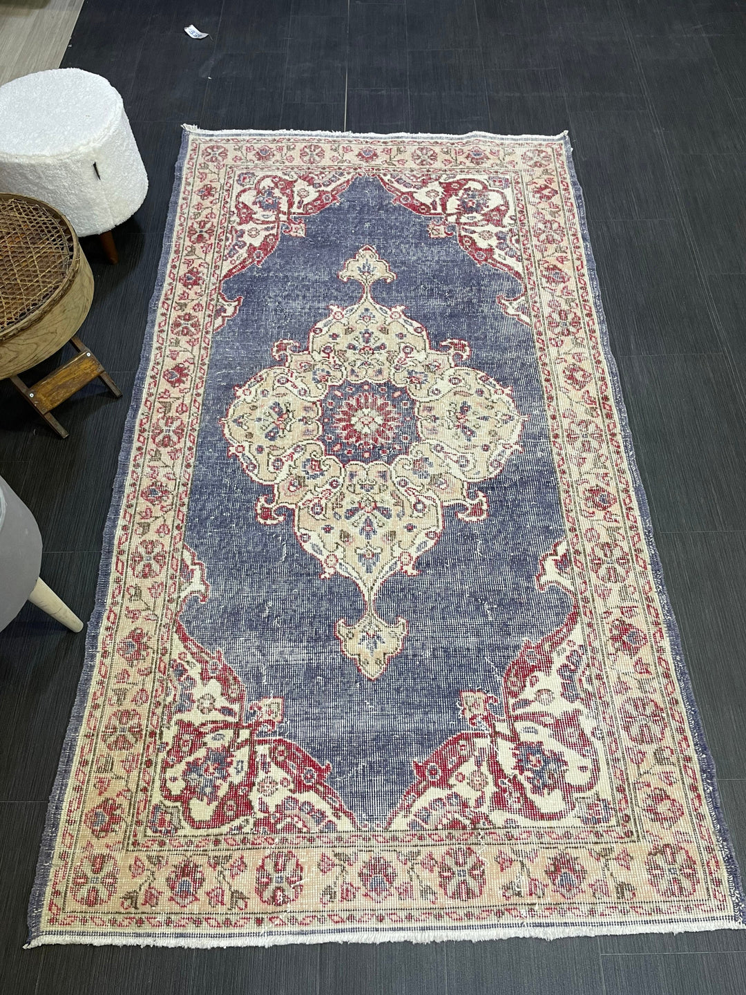 Beige Turkish Distressed Runner Rug 3' 11" x 6' 11" Hand-Knotted | No. WR34033