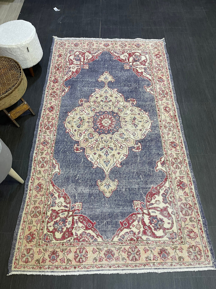 Beige Turkish Distressed Runner Rug 3' 11" x 6' 11" Hand-Knotted | No. WR34033