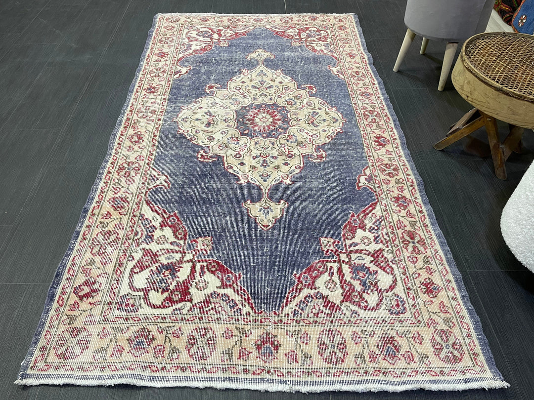 Beige Turkish Distressed Runner Rug 3' 11" x 6' 11" Hand-Knotted | No. WR34033