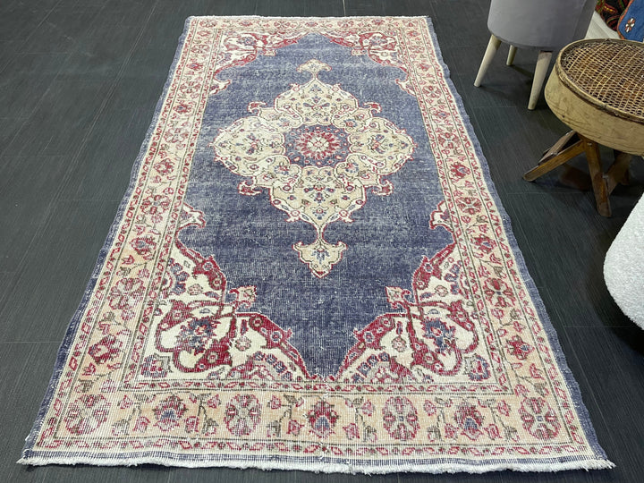 Beige Turkish Distressed Runner Rug 3' 11" x 6' 11" Hand-Knotted | No. WR34033