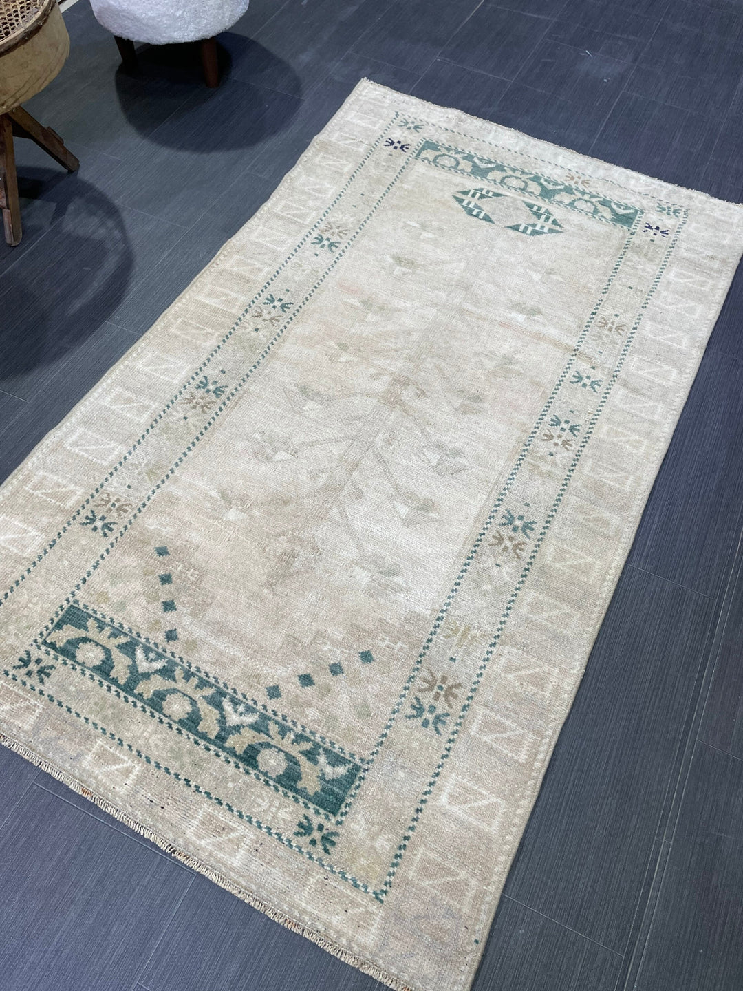 Beige Turkish Oushak Rug 3' 1" x 5' 2" Hand-Knotted field