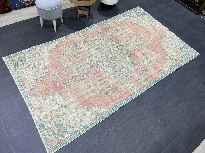 Beige Turkish Distressed Runner Rug 4' 10" x 8' 6" Hand-Knotted | No. WR72662