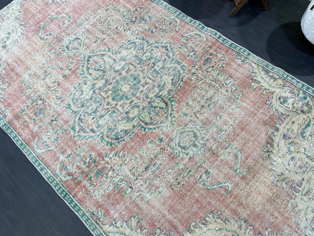 Beige Turkish Distressed Runner Rug 4' 10" x 8' 6" Hand-Knotted | No. WR72662