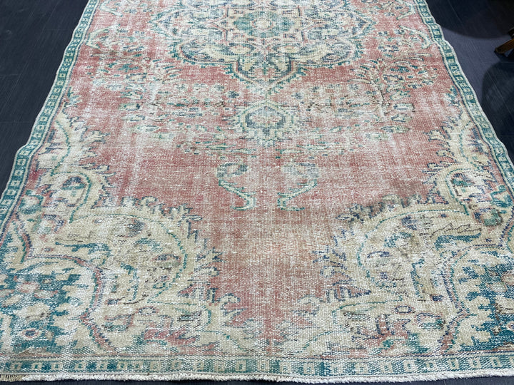 Beige Turkish Distressed Runner Rug 4' 10" x 8' 6" Hand-Knotted | No. WR72662