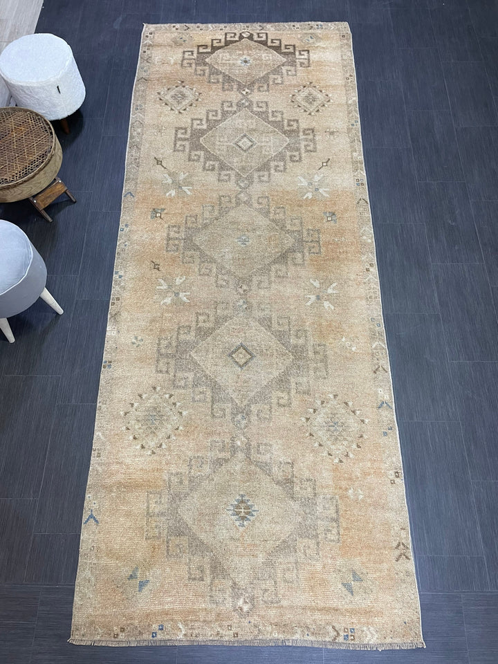 Beige Turkish Runner Rug 4' 2" x 10' 9" Hand-Knotted close-up