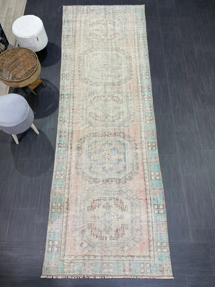 Beige Turkish Runner Rug 3' 10" x 11' 3" Hand-Knotted border
