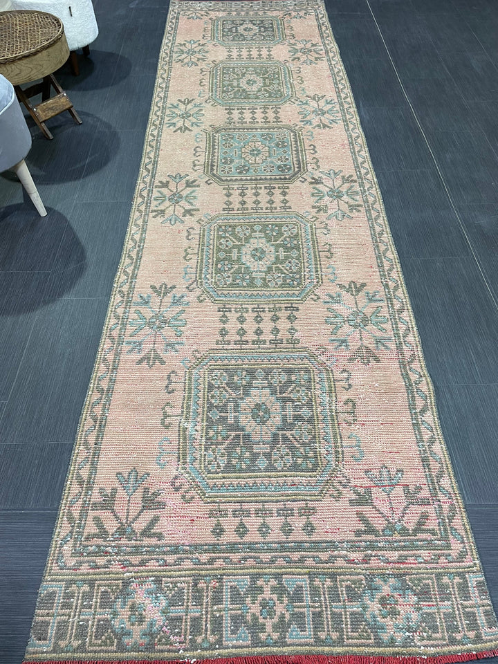 Beige Turkish Runner Rug 3' 1" x 11' 3" Hand-Knotted | No. WR36089