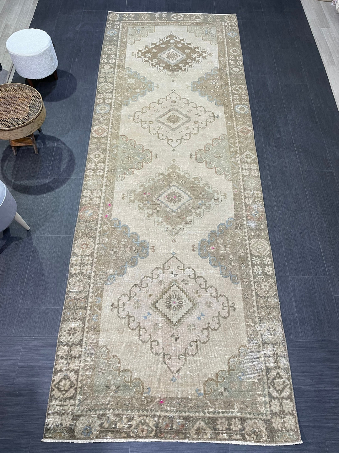 Beige Turkish Runner Rug 4' 6" x 12' 8" Hand-Knotted reverse