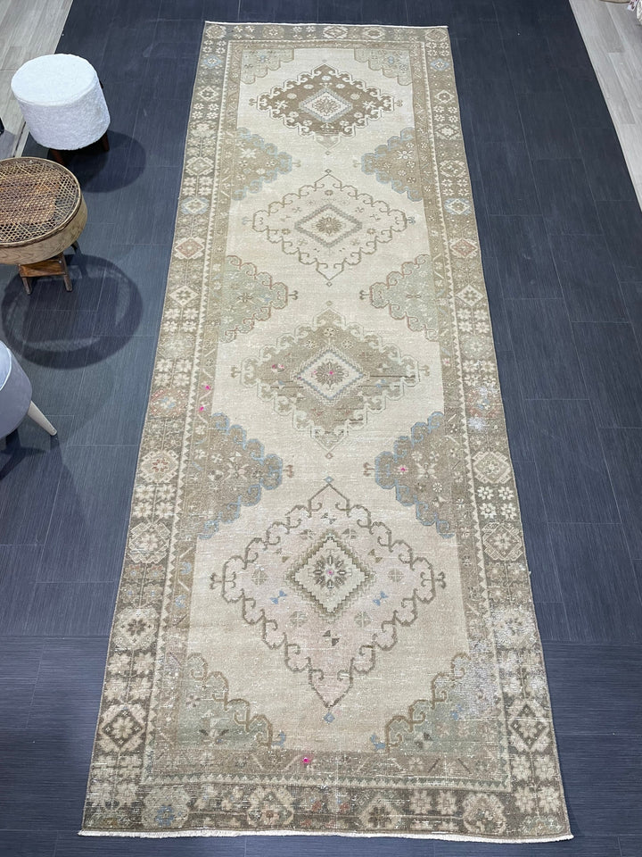 Beige Turkish Runner Rug 4' 6" x 12' 8" Hand-Knotted reverse