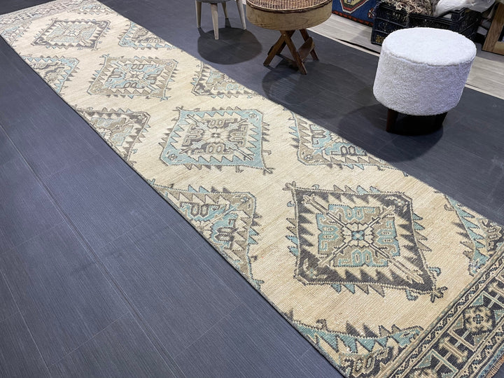 Beige Turkish Runner Rug 2' 7" x 12' 4" Hand-Knotted