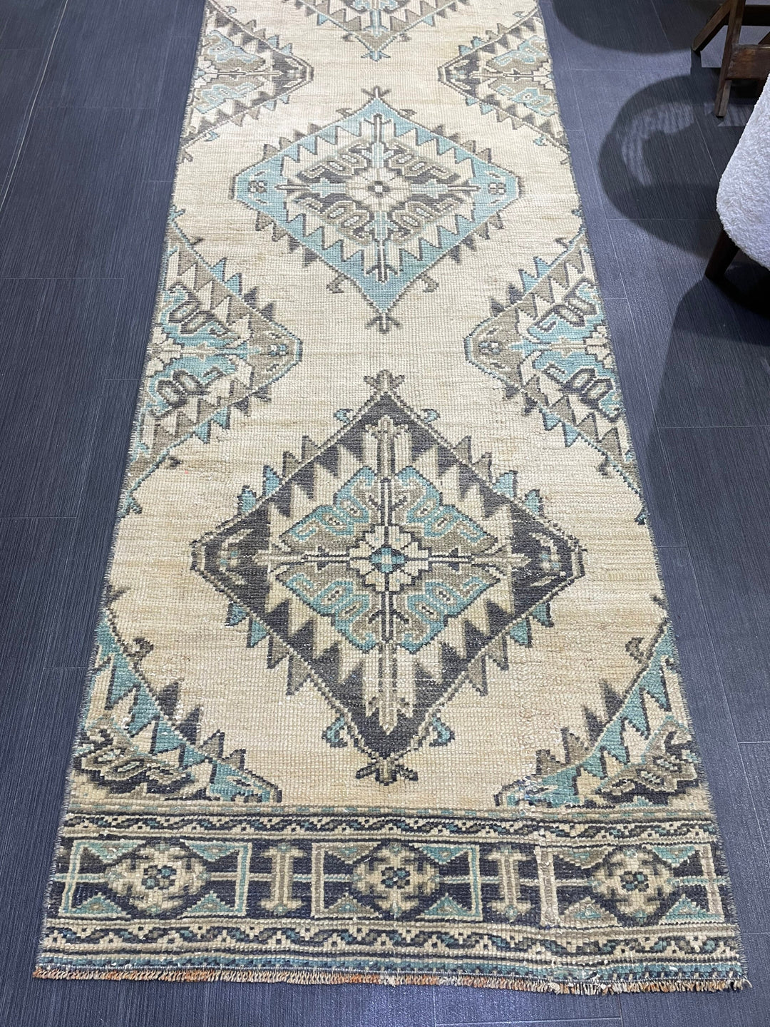 Beige Turkish Runner Rug 2' 7" x 12' 4" Hand-Knotted close-up