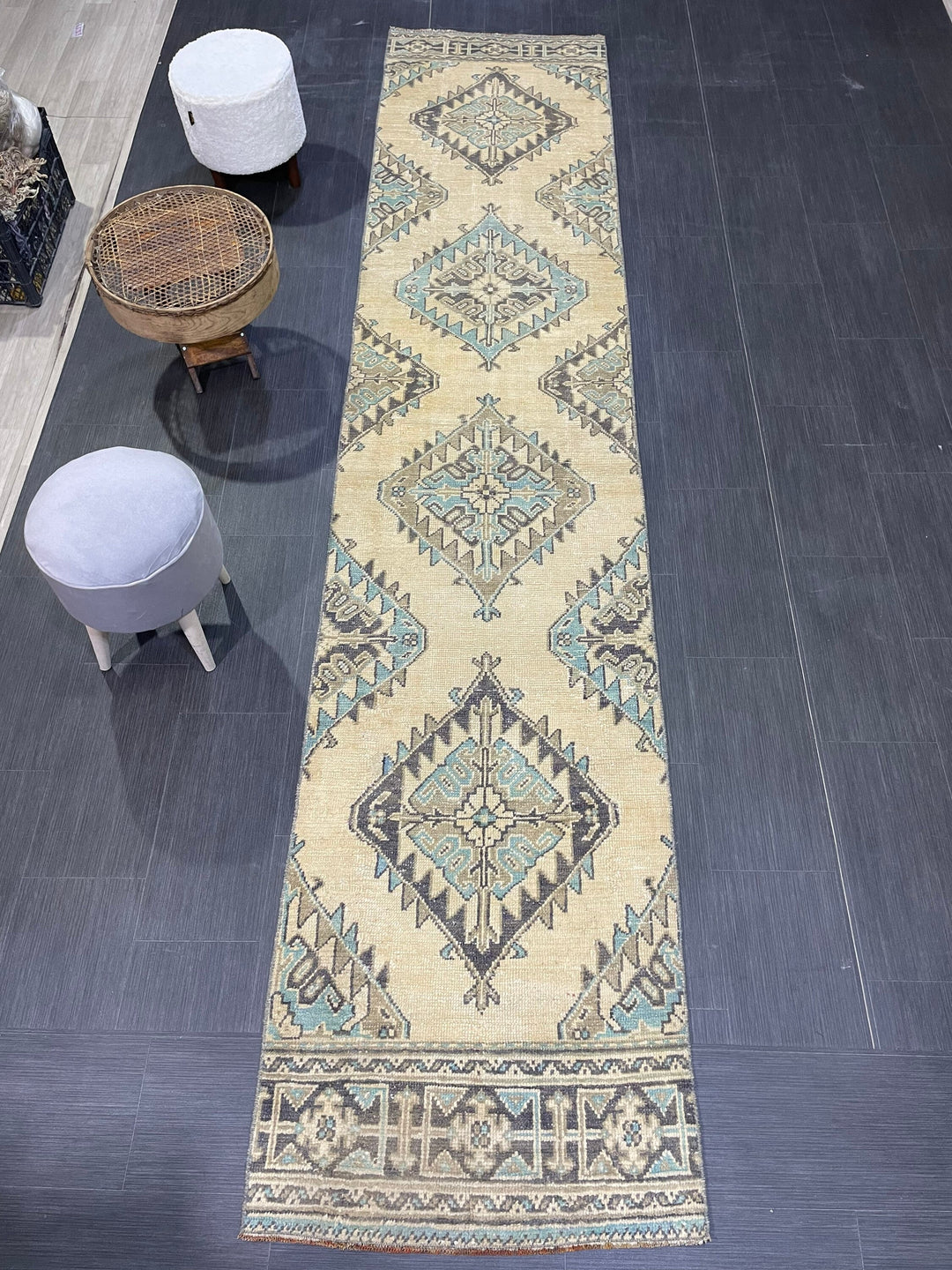 Beige Turkish Runner Rug 2' 7" x 12' 4" Hand-Knotted texture