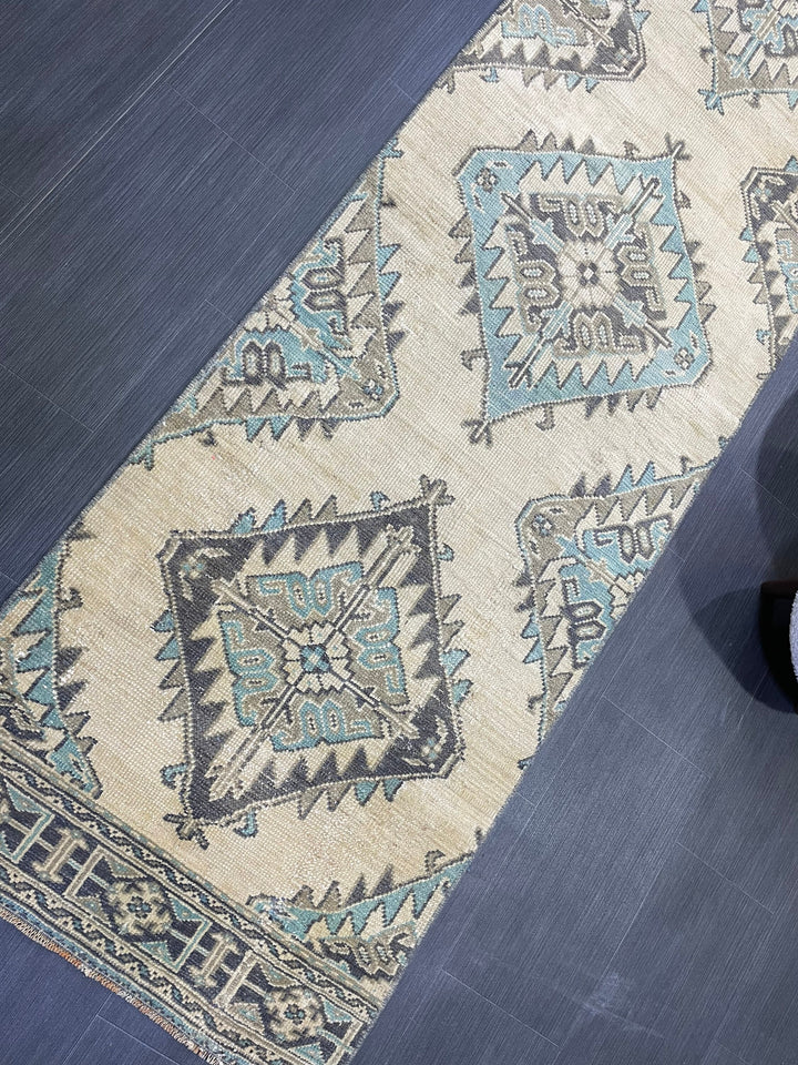Beige Turkish Runner Rug 2' 7" x 12' 4" Hand-Knotted reverse