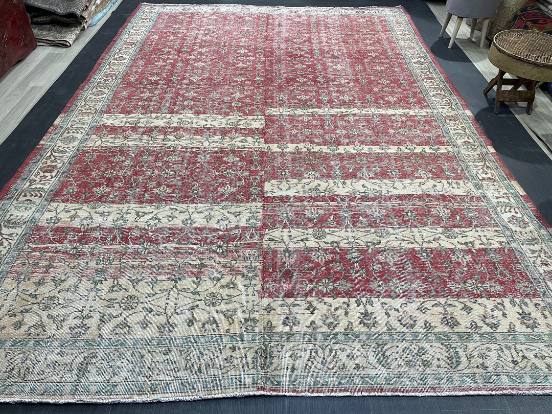 Beige Turkish Runner Rug 7' 11" x 12' Hand-Knotted field