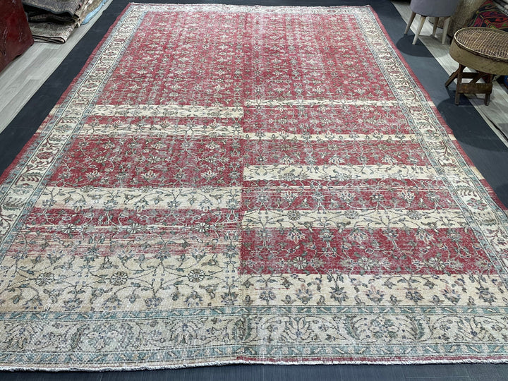Beige Turkish Runner Rug 7' 11" x 12' Hand-Knotted field