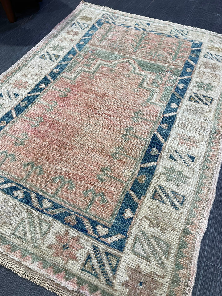 Beige Turkish Oushak Rug 2' 6" x 3' 7" Hand-Knotted close-up