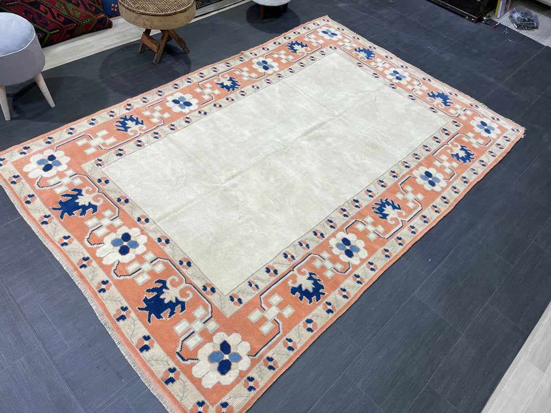 Beige Turkish Oushak Rug 5' 10" x 8' 7" Hand-Knotted